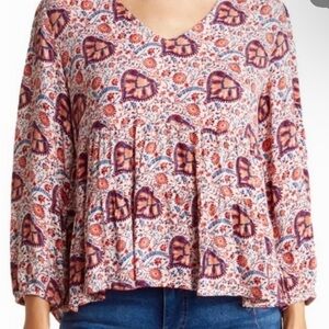 Lucky Brand Red red blue and orange floral tiered v neck blouse